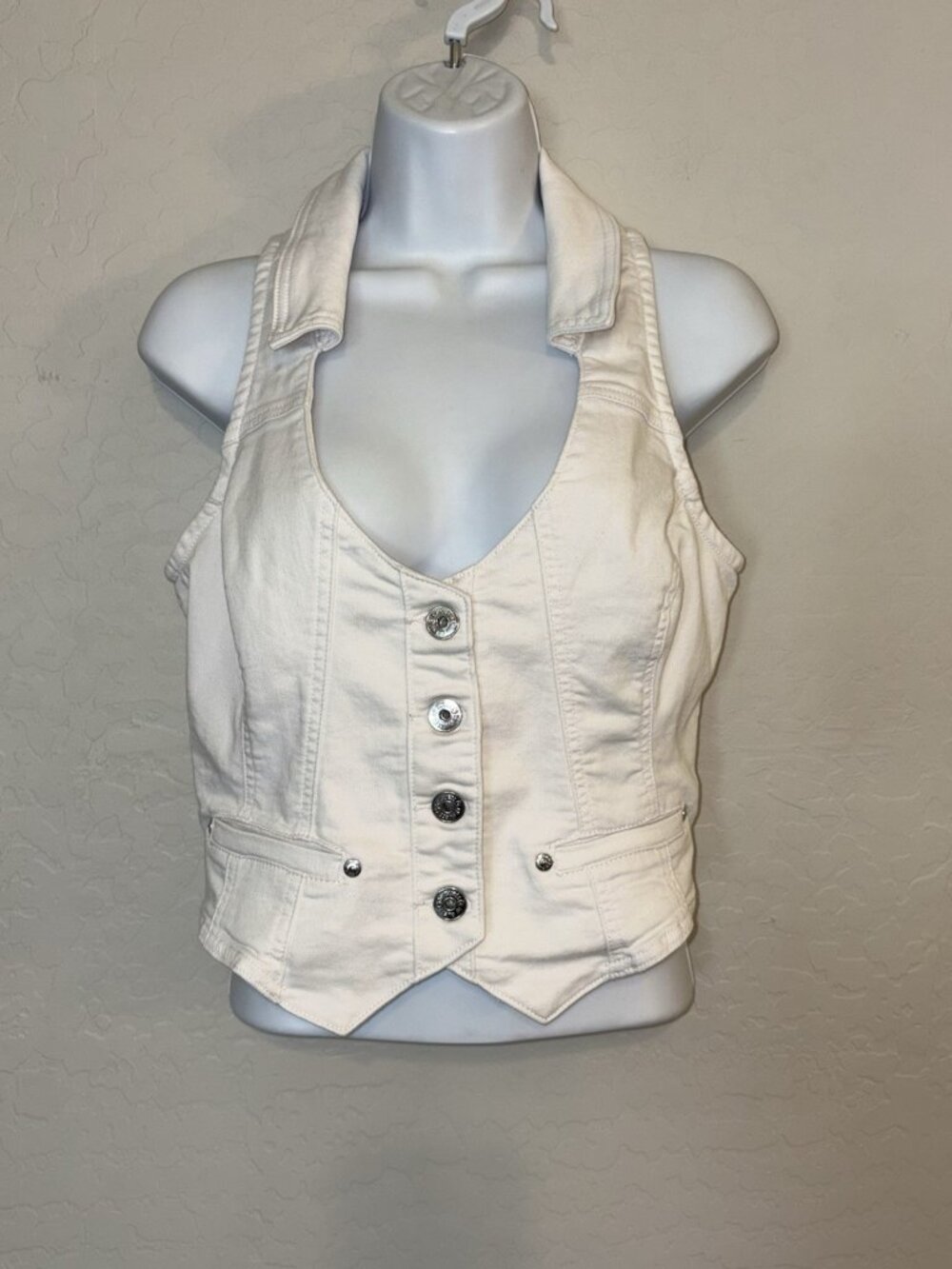 Y2K White Denim Corset Vest Button Front Halter Top with Faux Pockets Medium